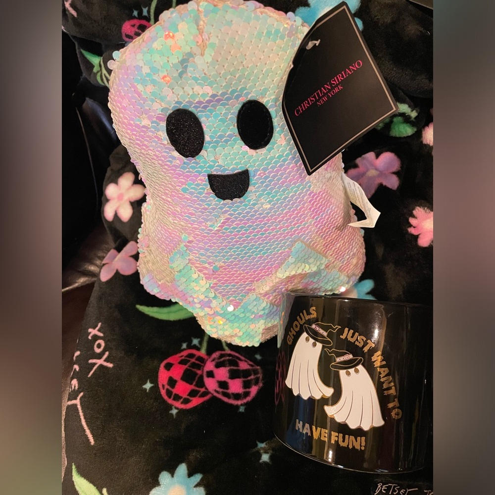 CHRISTIAN SIRIANO NWT White Iridescent Sequin Plush Ghost W/NEW Ghost Coffee Mug